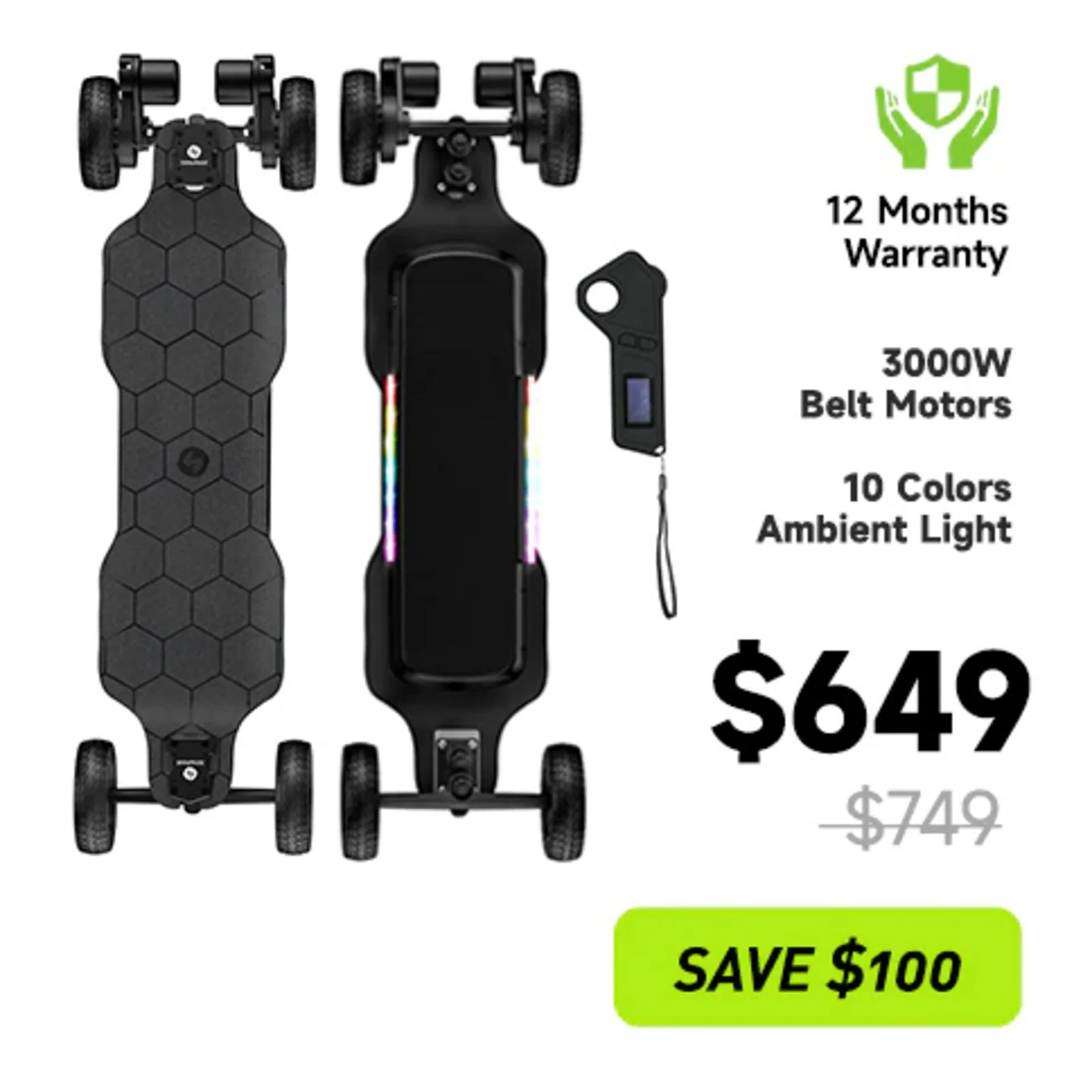 isinwheel V10 Off Road Electric Skateboard with Ambient Light & Remote Control - Image 8